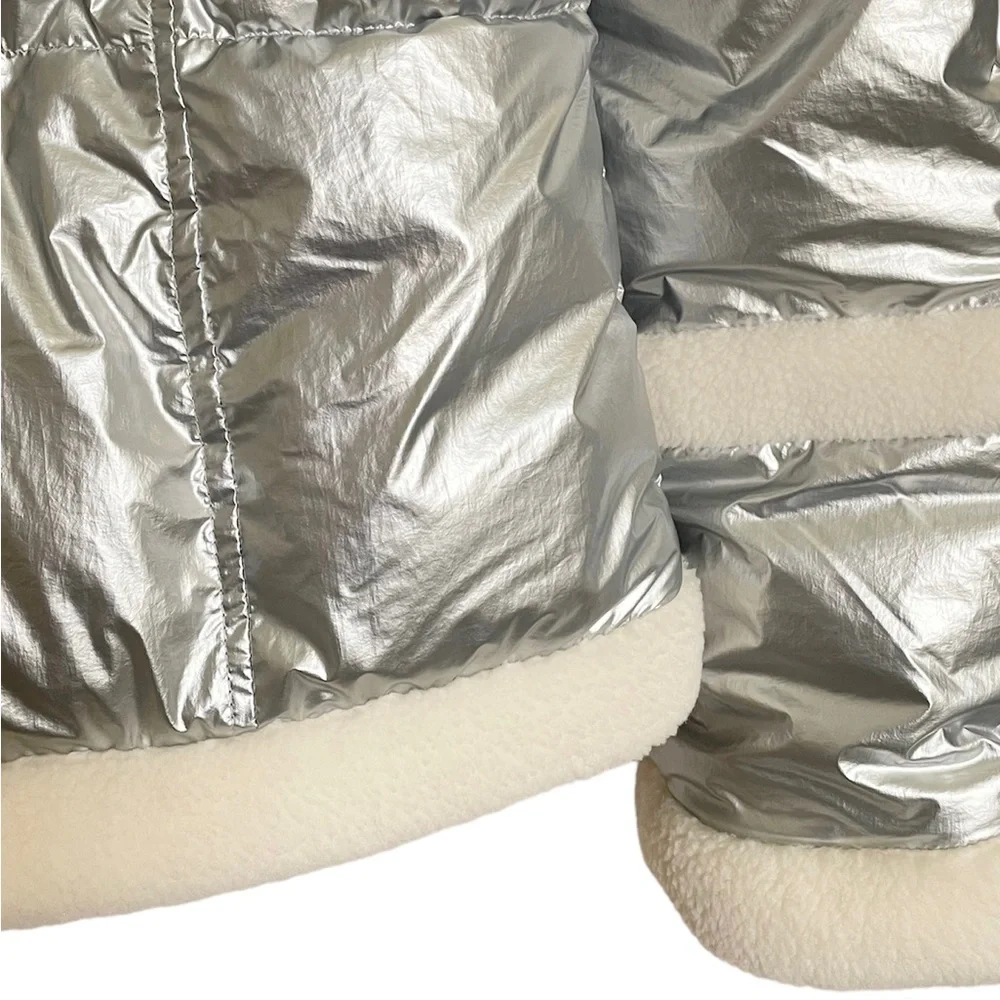 Sam Edelman METALLIC FLEECE TRIM HOODED PUFF COAT IN SILVER NWT - Picture 8 of 14
